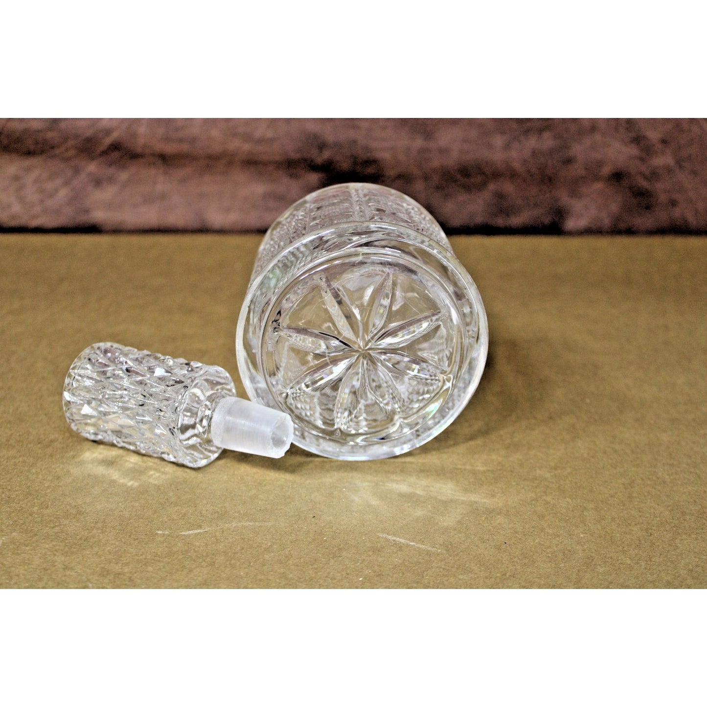 Vintage Lead Crystal 10” Decanter, Diamond Cut Glass Octagon Pattern Cylindrical