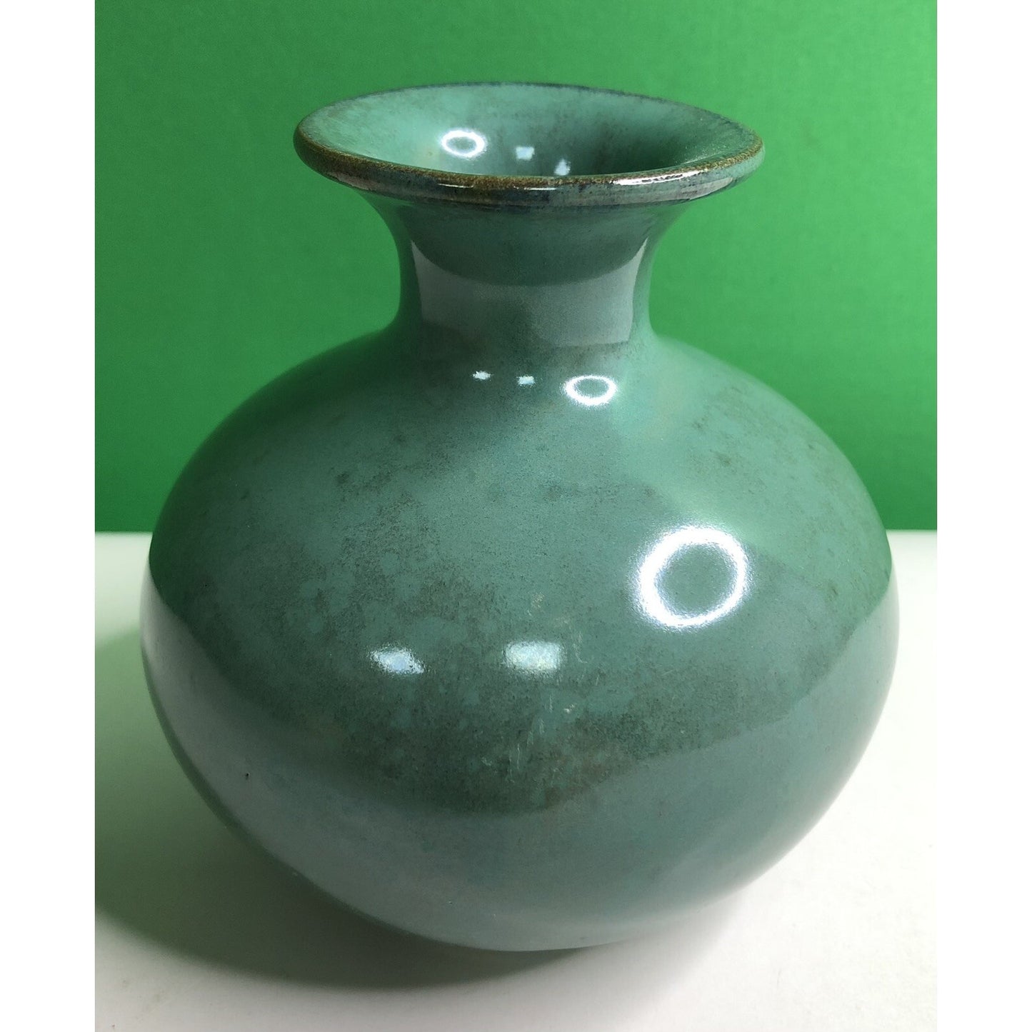 Vintage W. J. GORDY Pottery VASE Hand Made Thrown Green Glaze Verdi Gris Clay