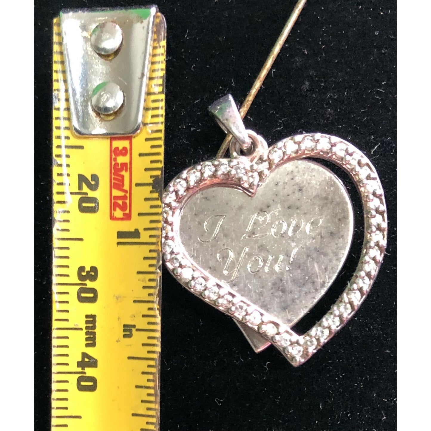 Vintage Sterling Layered Heart I LOVE YOU Engraved Pendant With Rhinestones