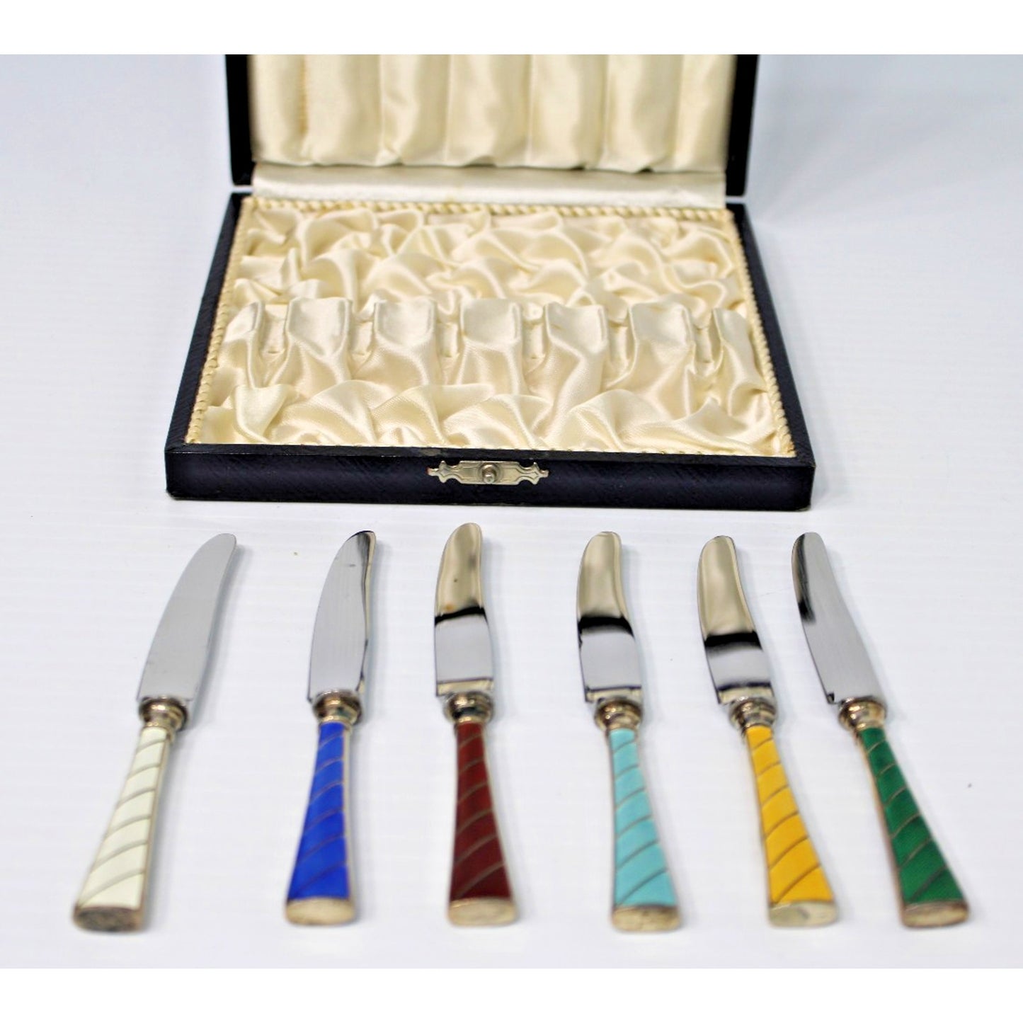Sterling Silver Enamel Knives, Raadvad Denmark Boxed Set of 6 Art Deco Fruit Set