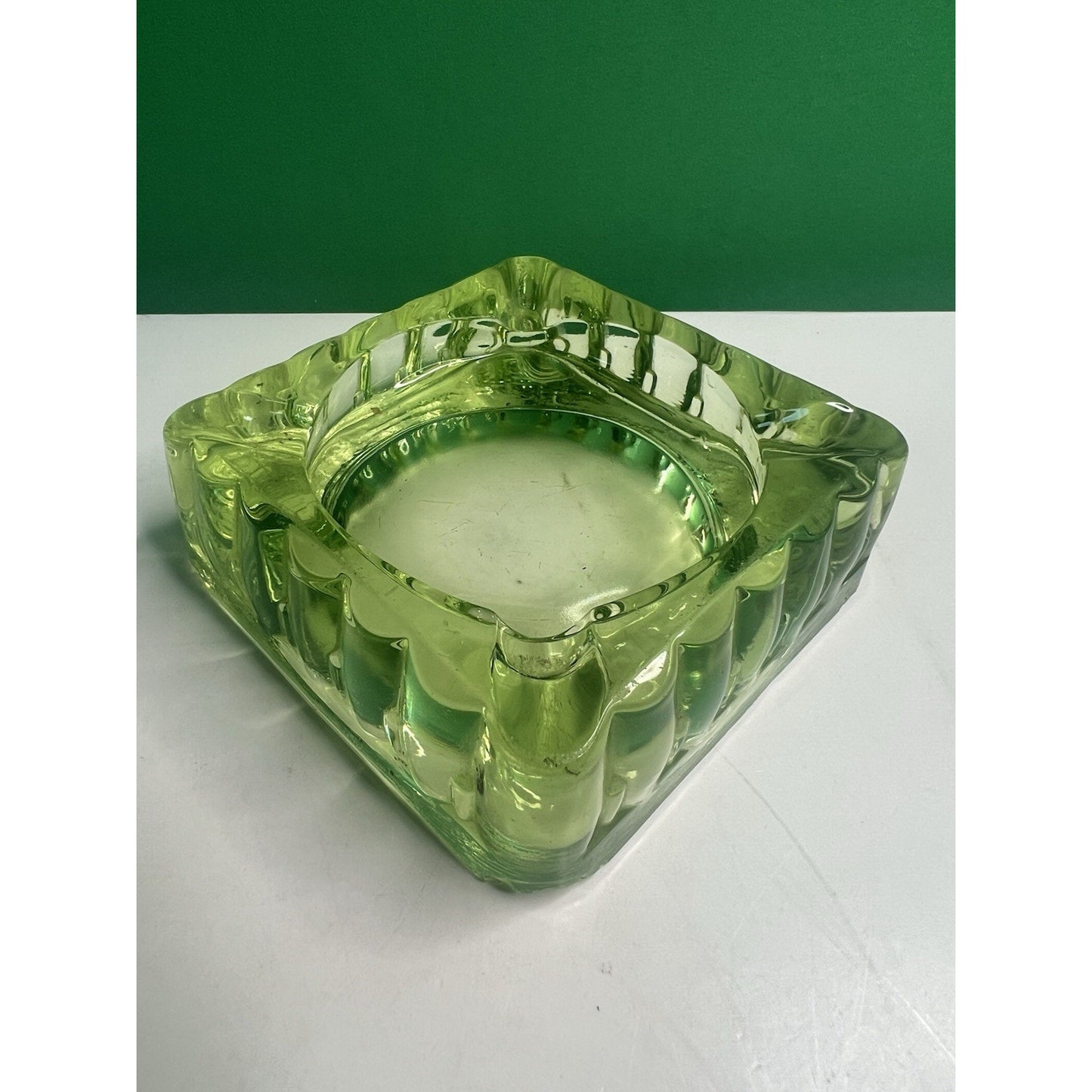 Vintage 4x4 Uranium Glass Ashtray Heavy Depression Green Glows Bright Tobacciano