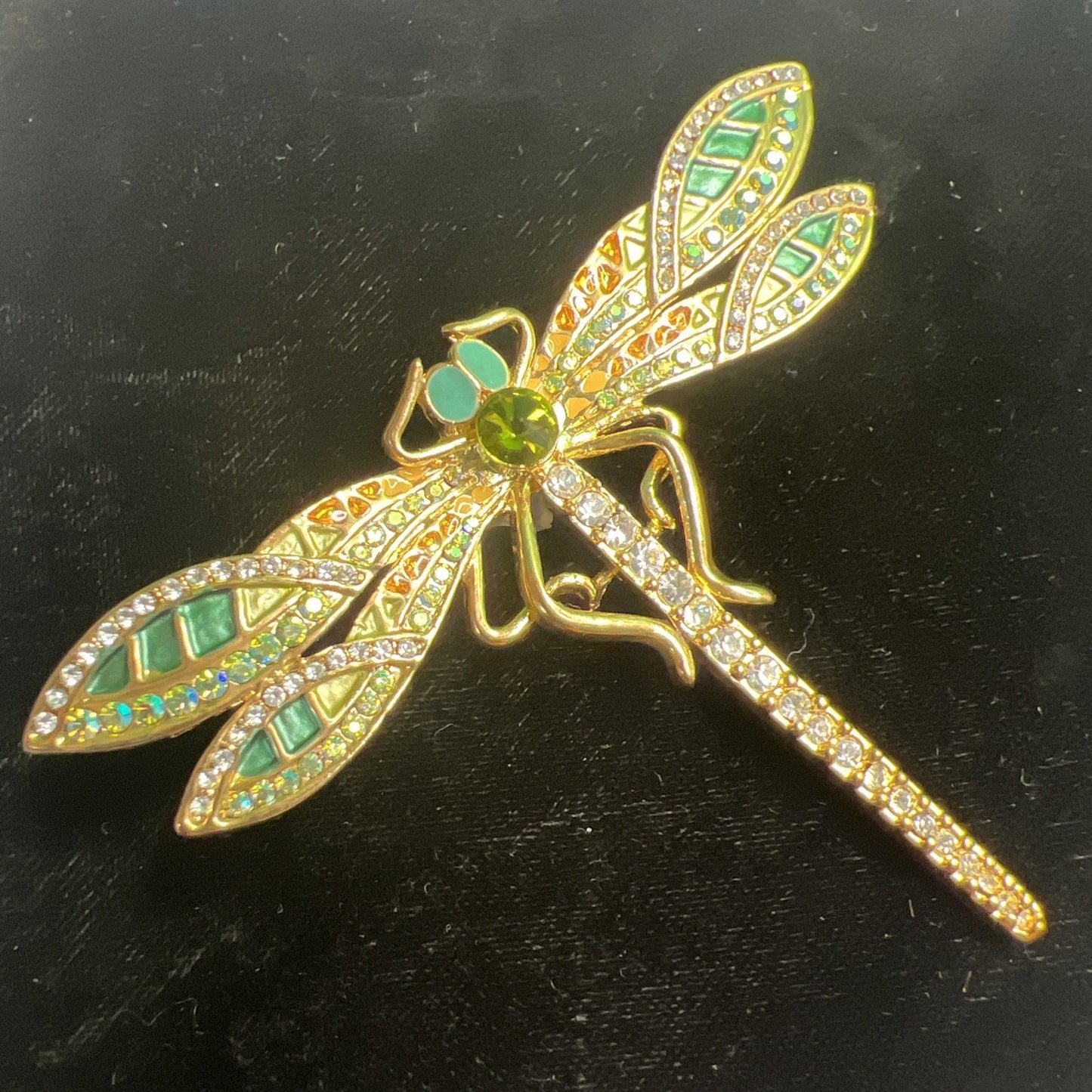 Vintage Dragonfly Brooch Pin Green & Blue Rhinestone Enamel 2.5” Long x 3” Wide