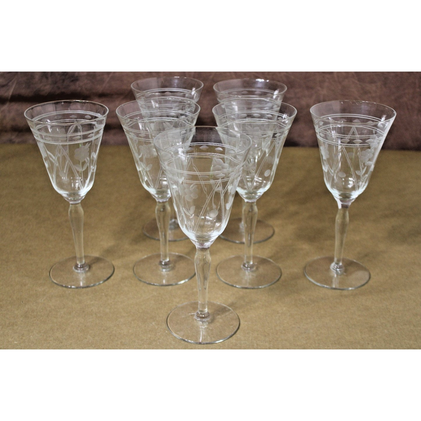 Set of 7 Tiffin Crystal Etched Daisy/ Floral Optic Wine Glasses, Vintage 1930s