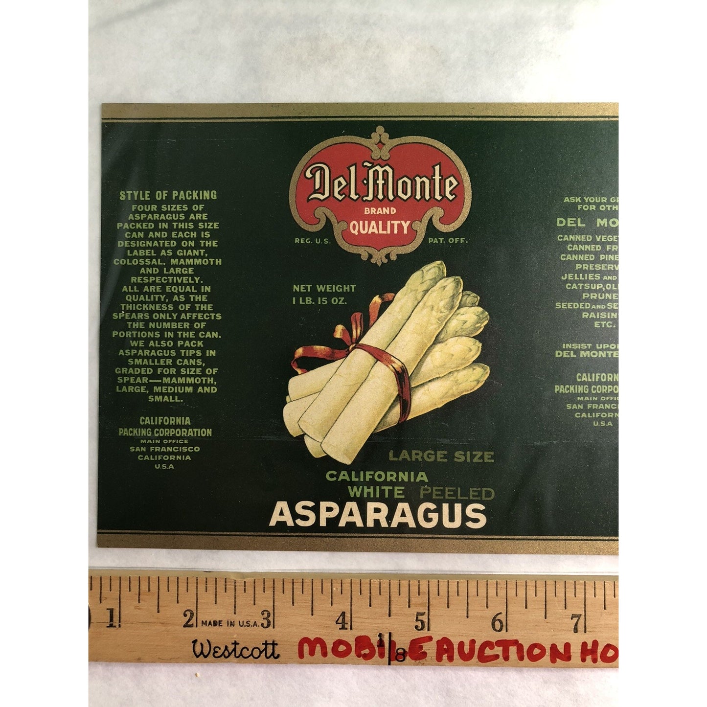 Vintage Ca 1930 DEL MONTE White Peeled Asparagus CAN LABEL Unused CA Packing