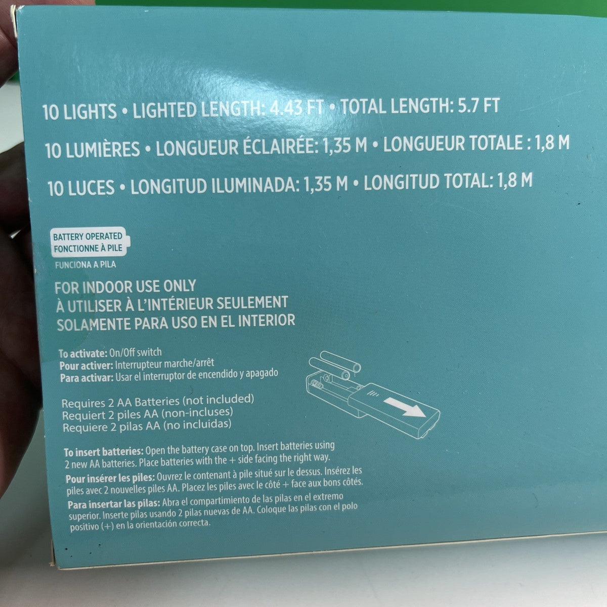 NEW - 10 LED Decorative Lights Battery Operated 5.7' Long 2 AA Batteries Needed