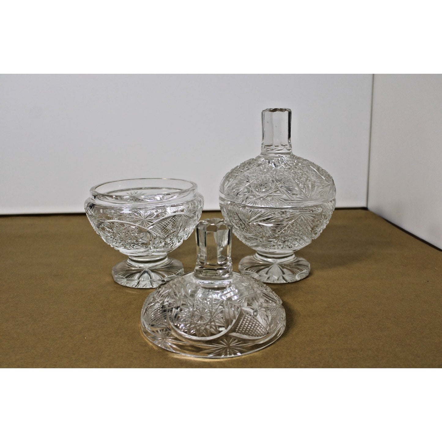 Two Heavy Vintage Bohemian Lead Crystal Dishes with Lids 9"h Brilliant Starburst