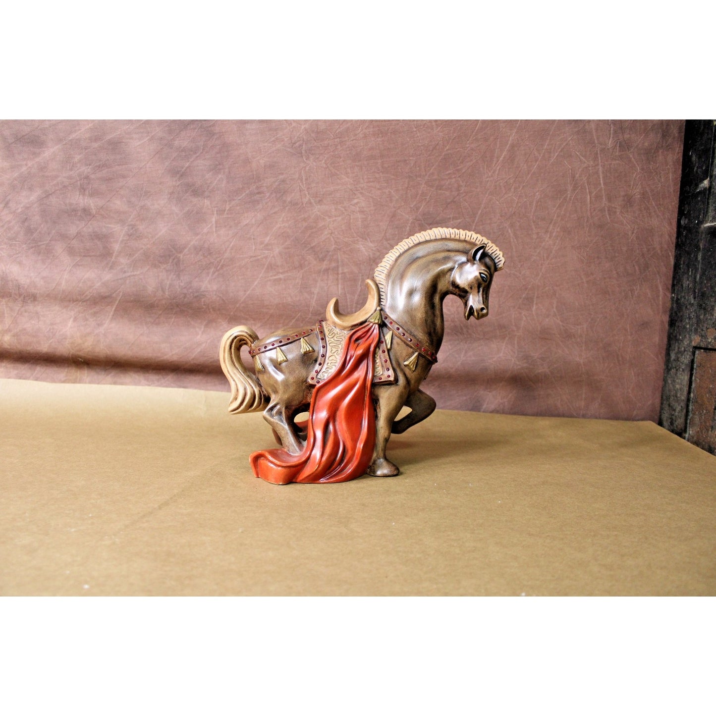 Vintage Mid Century Hand Painted Ceramic Horse Figurine, 10" h x 11" w, Signed