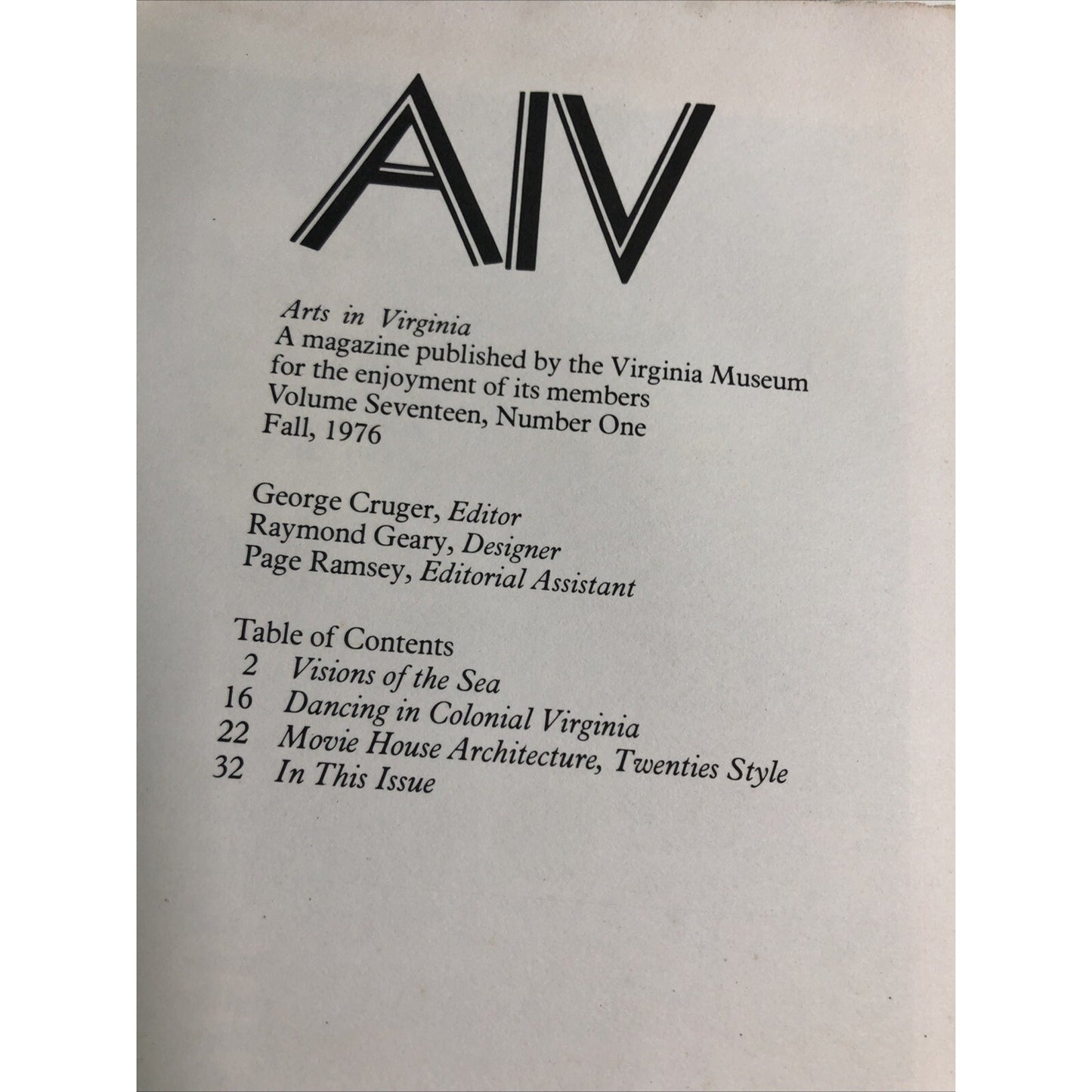 Arts in Virginia Magazine 1976 Fall AIV Vol. 17 #1 Virginia Museum