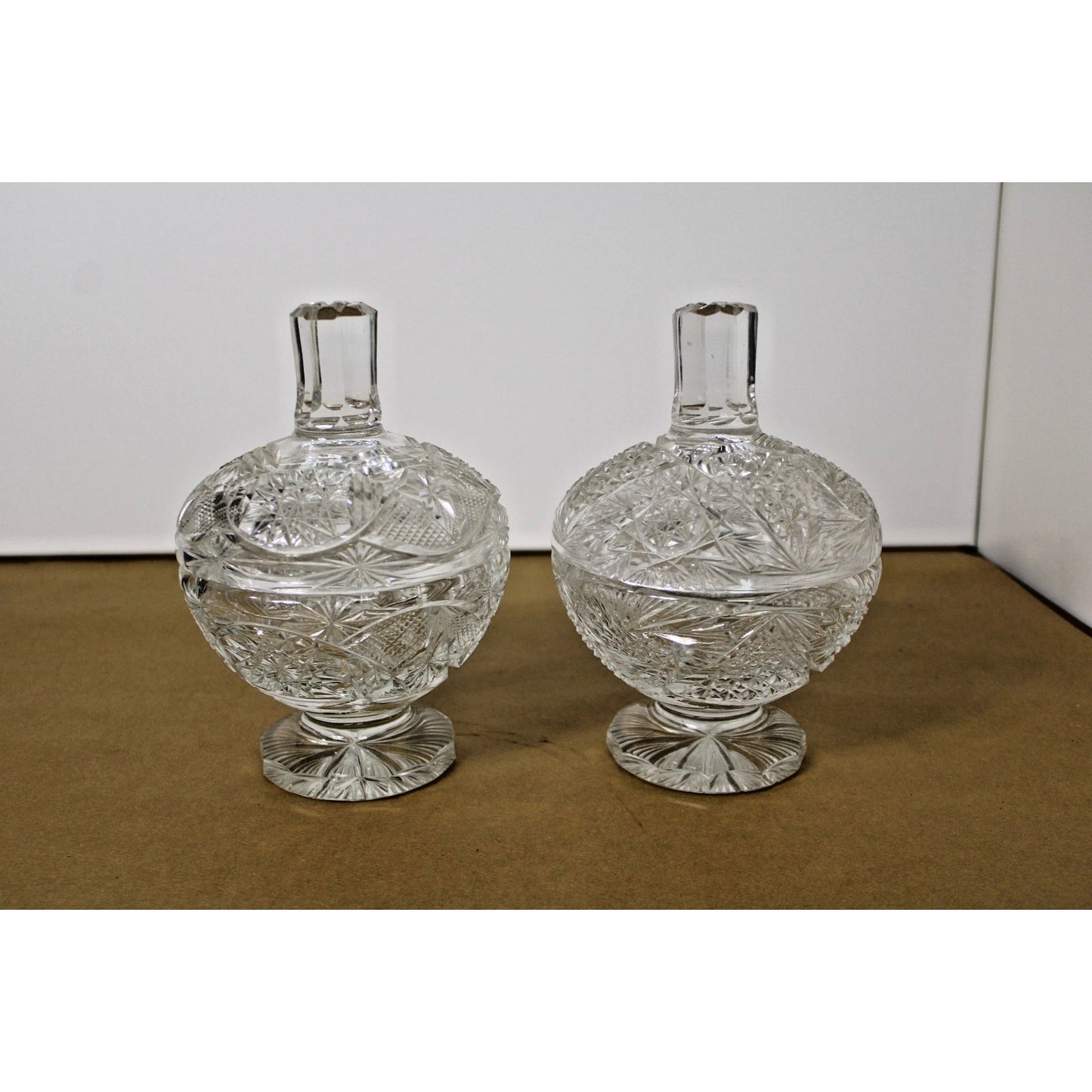 Two Heavy Vintage Bohemian Lead Crystal Dishes with Lids 9"h Brilliant Starburst