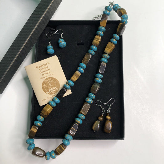 Turquoise & Tigereye Necklace + 2 Pair Earrings Wheeler’s Genuine Gemstone Jewel