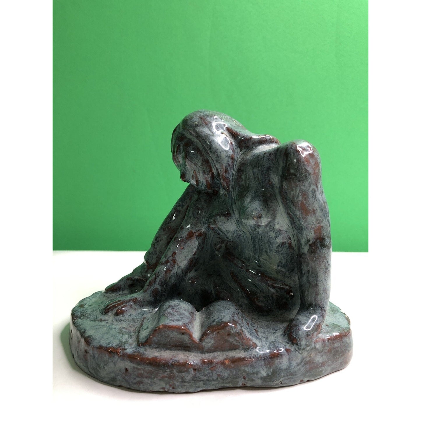 Vintage Blue Glazed Partial Nude Reading Book By Dennell Clay Figurine OOAK