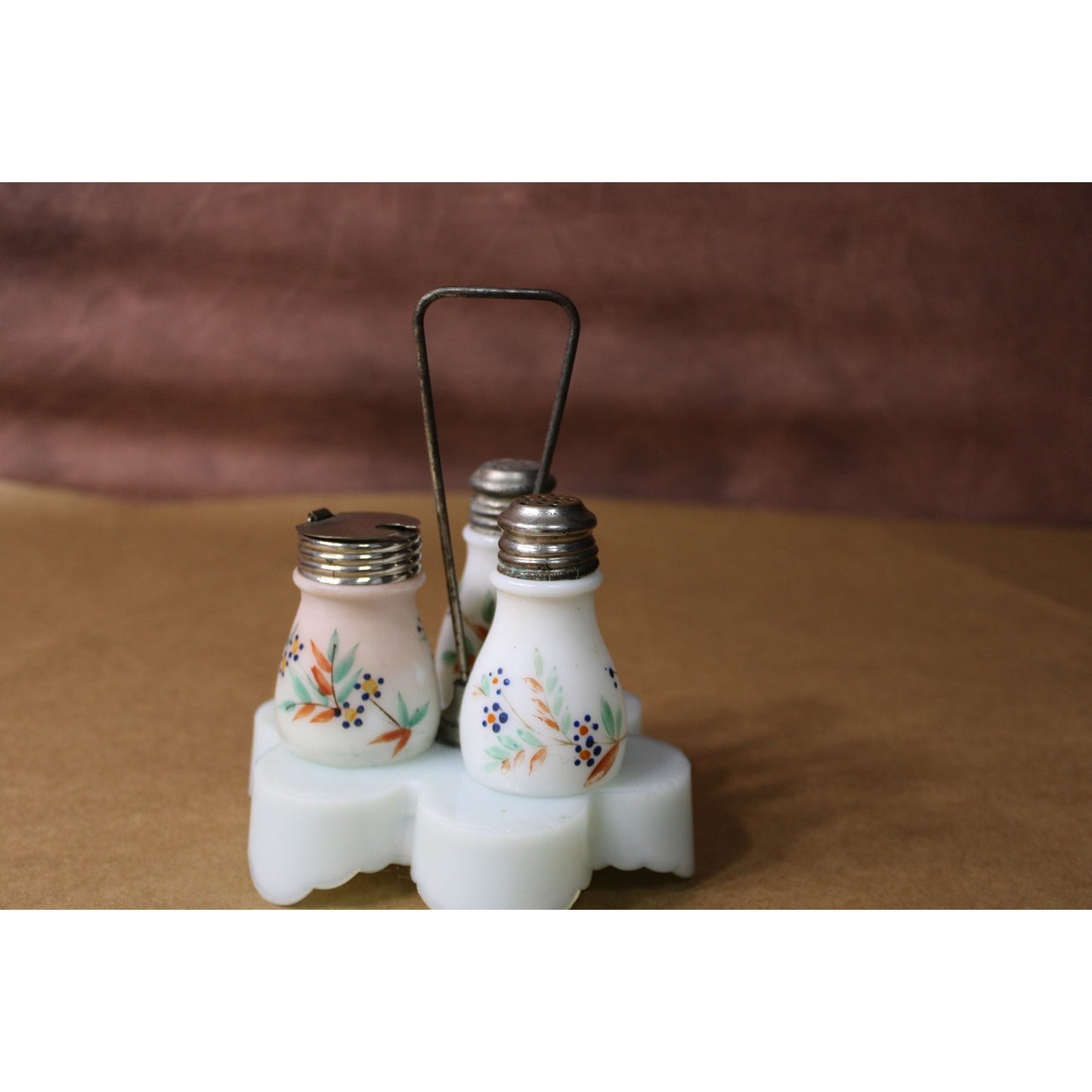 Antique Painted Milk Glass Condiment Caddy, Complete and Original