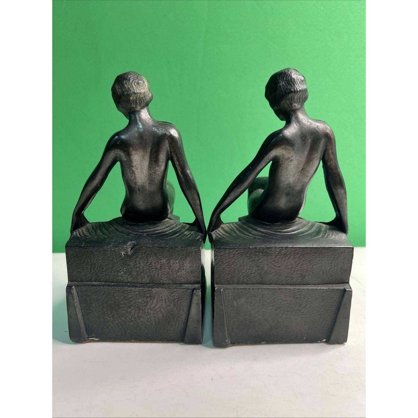 Art Deco 1930's Pair of Nude Flapper Girls Spelter Metal Bookends