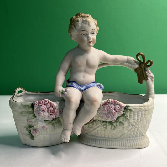 Antique Hal Sey Fifth Ave Cherub Bisque Figural Double Planter
