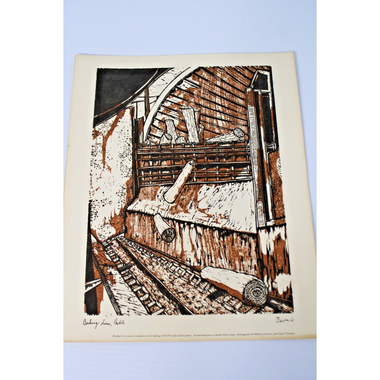 Vintage Woodcut by Ted Davies- Scott Paper Co Barking Drum, Mobile, AL 14" x 11"