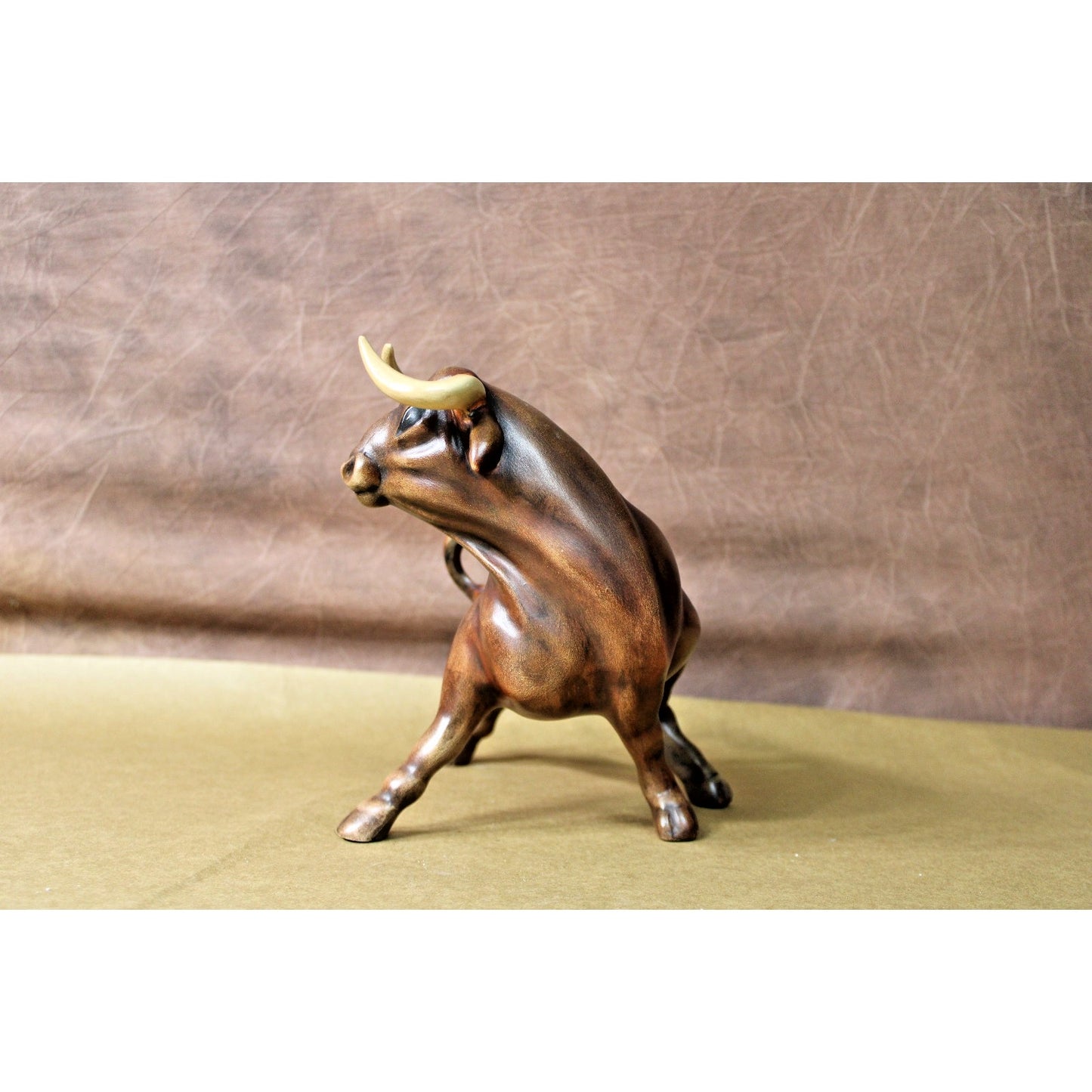 Vintage Mid Century Hand Painted Ceramic Bull Figurine, 10" H, Signed
