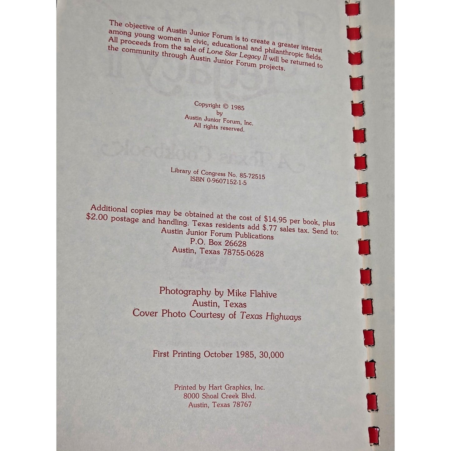 Vintage 1985 Lone Star Legacy II Cookbook Austin Junior Forum 1st Print Texas TX