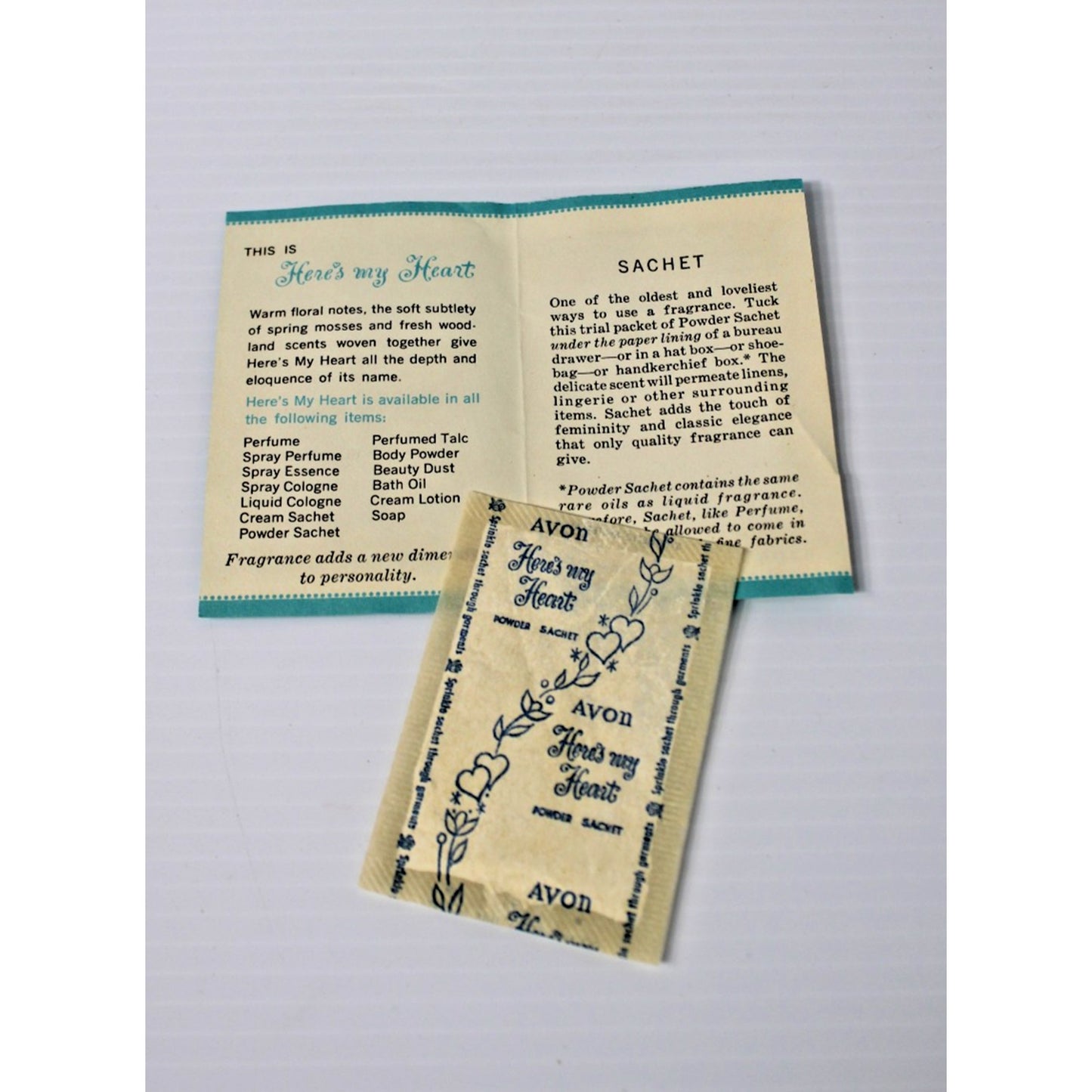 Vintage 1957 Avon Rep. Fragrance Sachet Brochure & Sample, Here's My Heart Scent