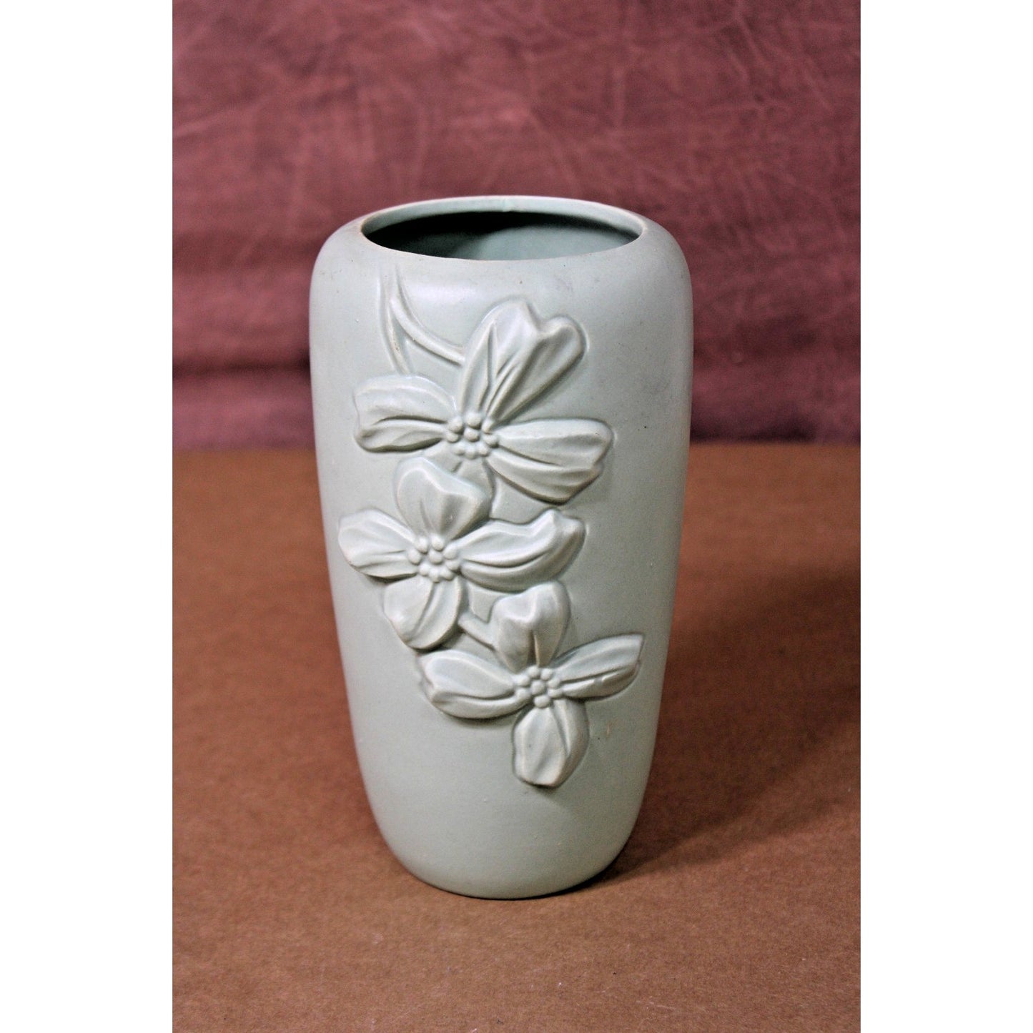 Vintage Haeger Dogwood Vase, Matte Green Raised Relief, 75th Anniversary, 8" H