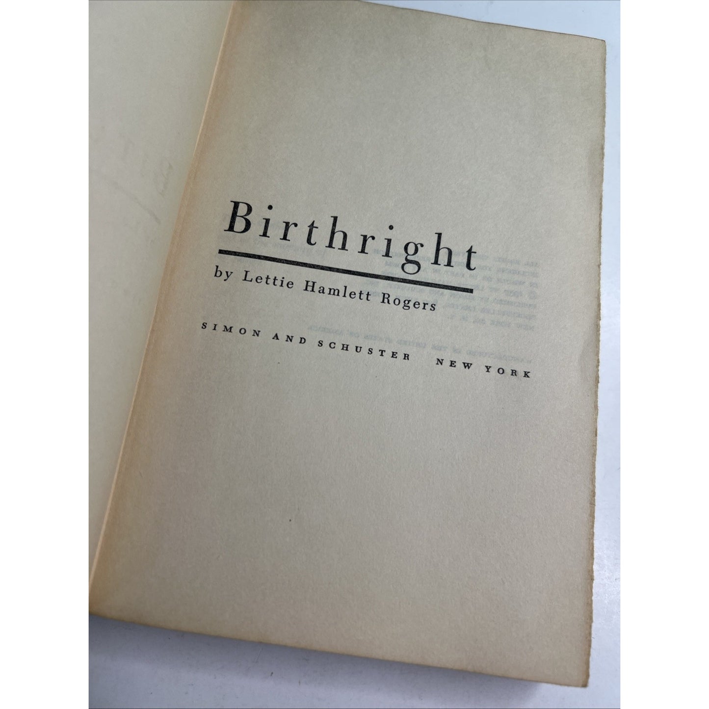 Birthright a Novel by Lettie Hamlett Rogers HC Book Club Ed 308 pgs 1957 VTG