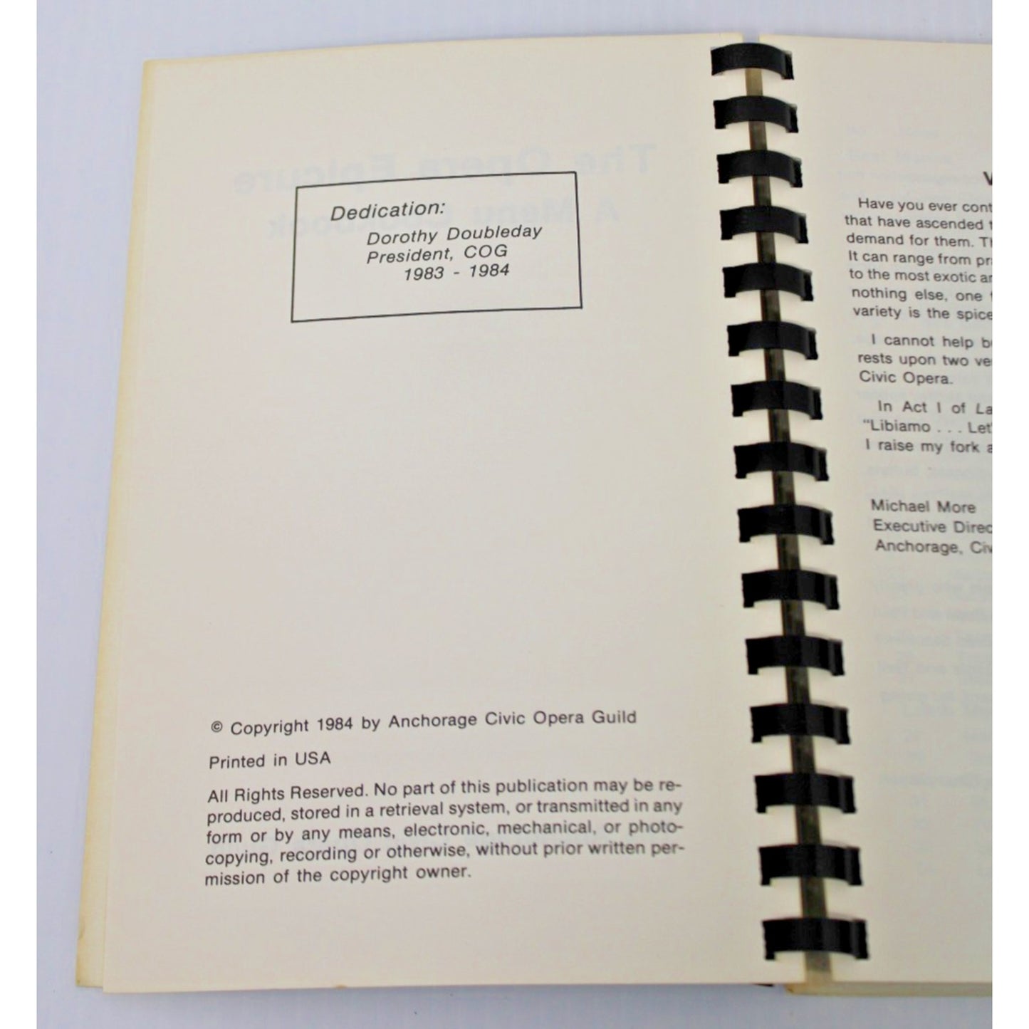 The Opera Epicure Menu Cookbook- Anchorage, Alaska Civic Opera Guild, 1984