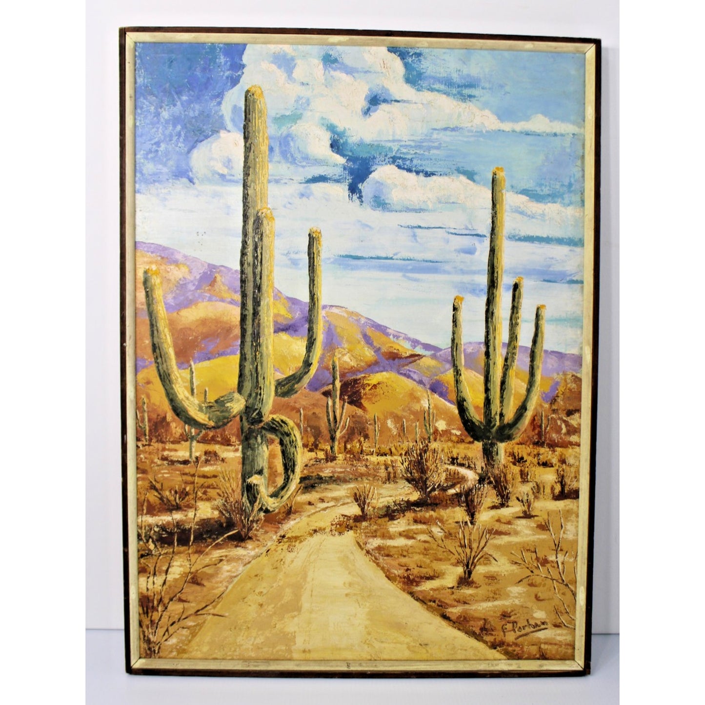 Desert Landscape Painting, Saguaro Cactus, 24" x 32" Framed, Signed F. Parham