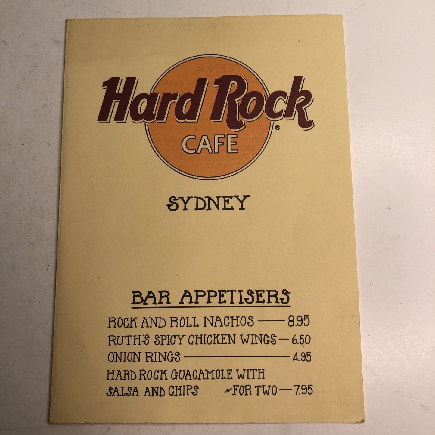 Hard Rock Cafe MENU Sydney Australia