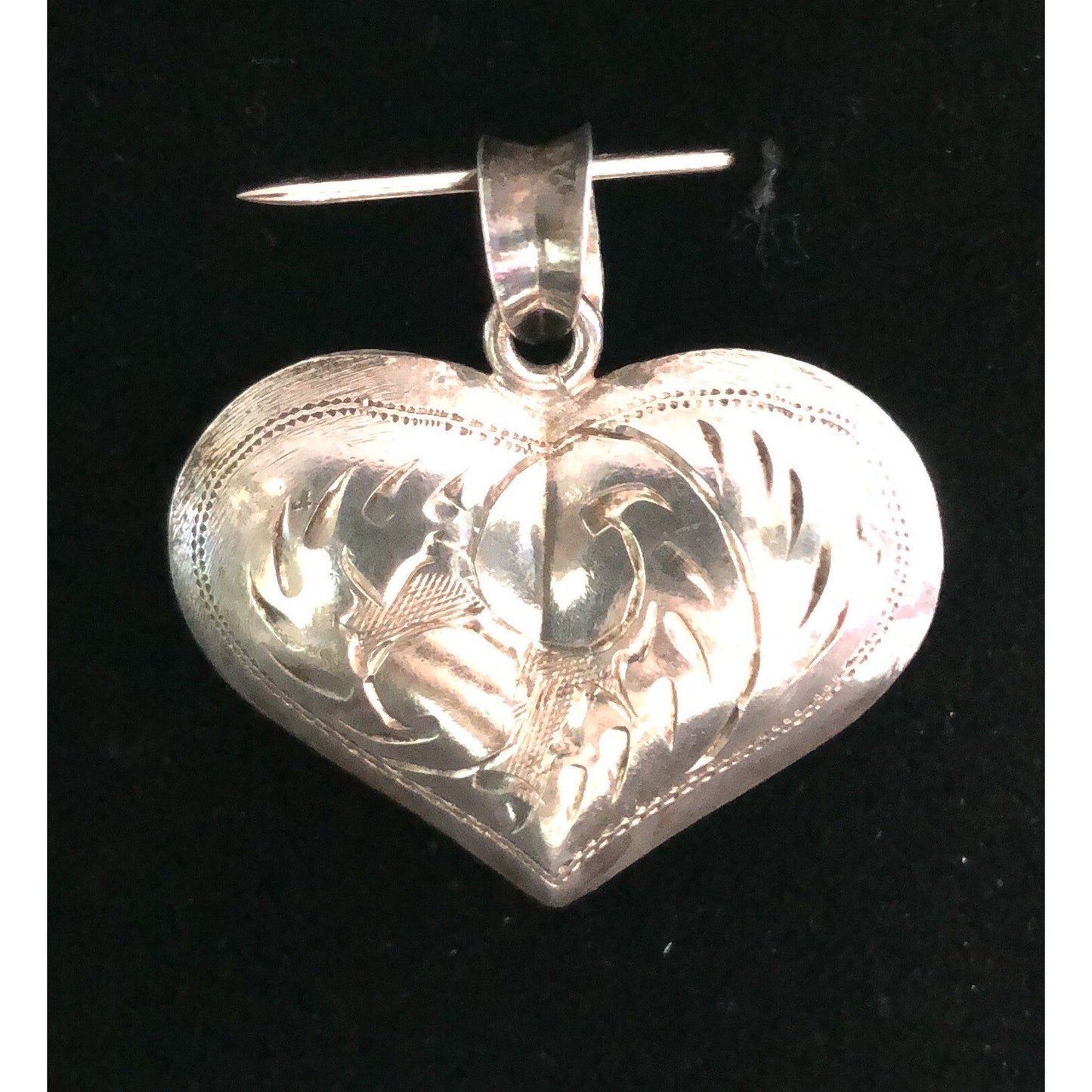 Vintage Sterling Silver Etched Puffed Heart Pendant Romance Exquisite Detail
