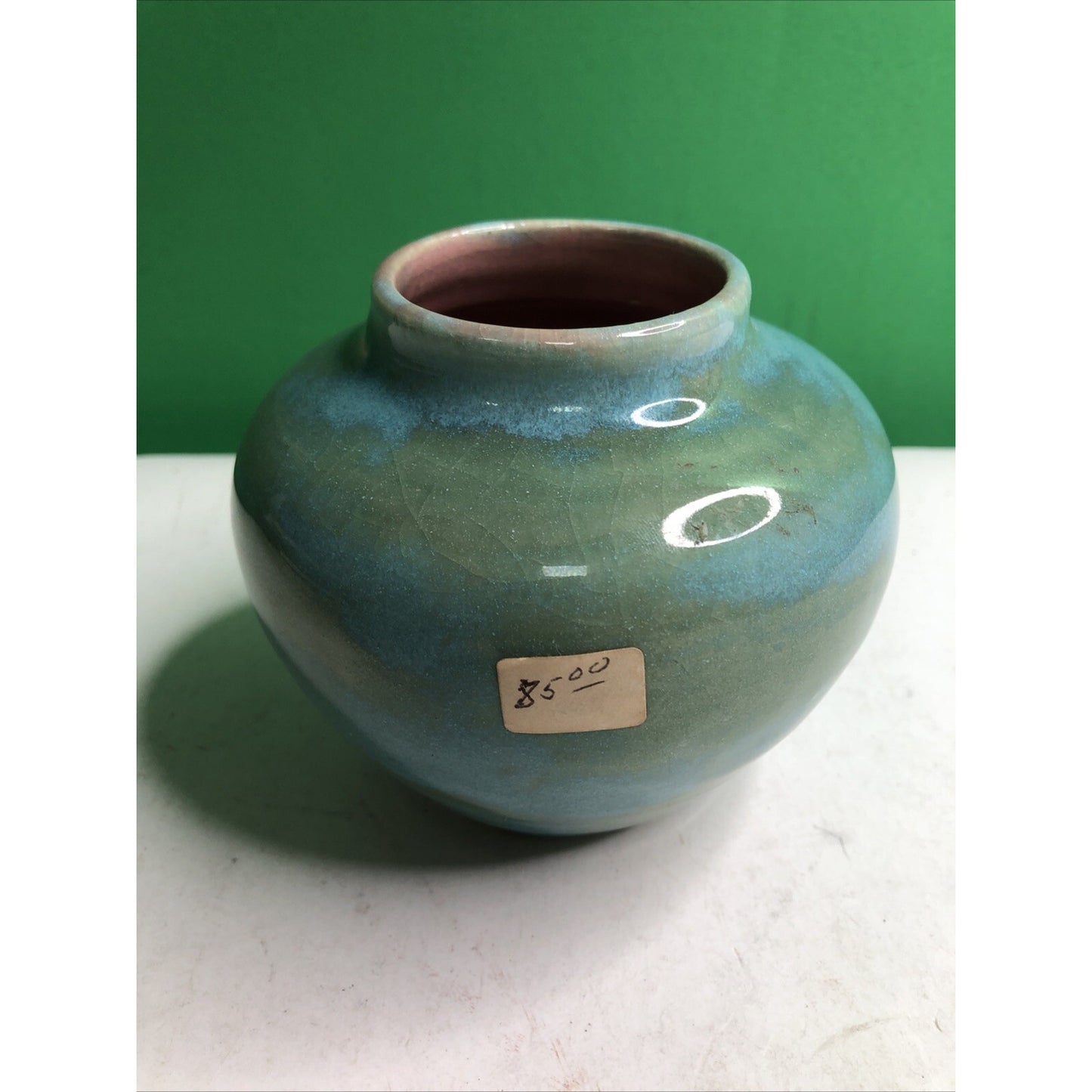 Vintage 1951 Stephen NC Pottery Cabinet Vase Blue Green Glaze Pink Interior
