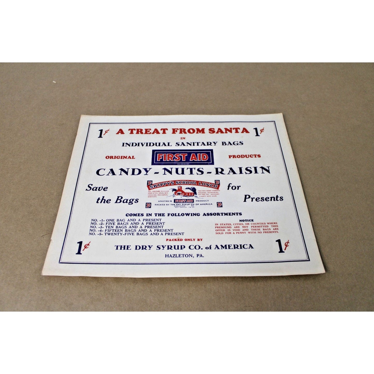 Vintage Advertising "Treat From Santa" The Dry Syrup Co. Hazleton, PA.