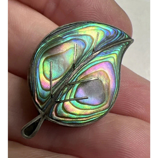 Antique Abalone Leaf Brooch Pin Brilliant Colors Sterling Silver 1.25” Long