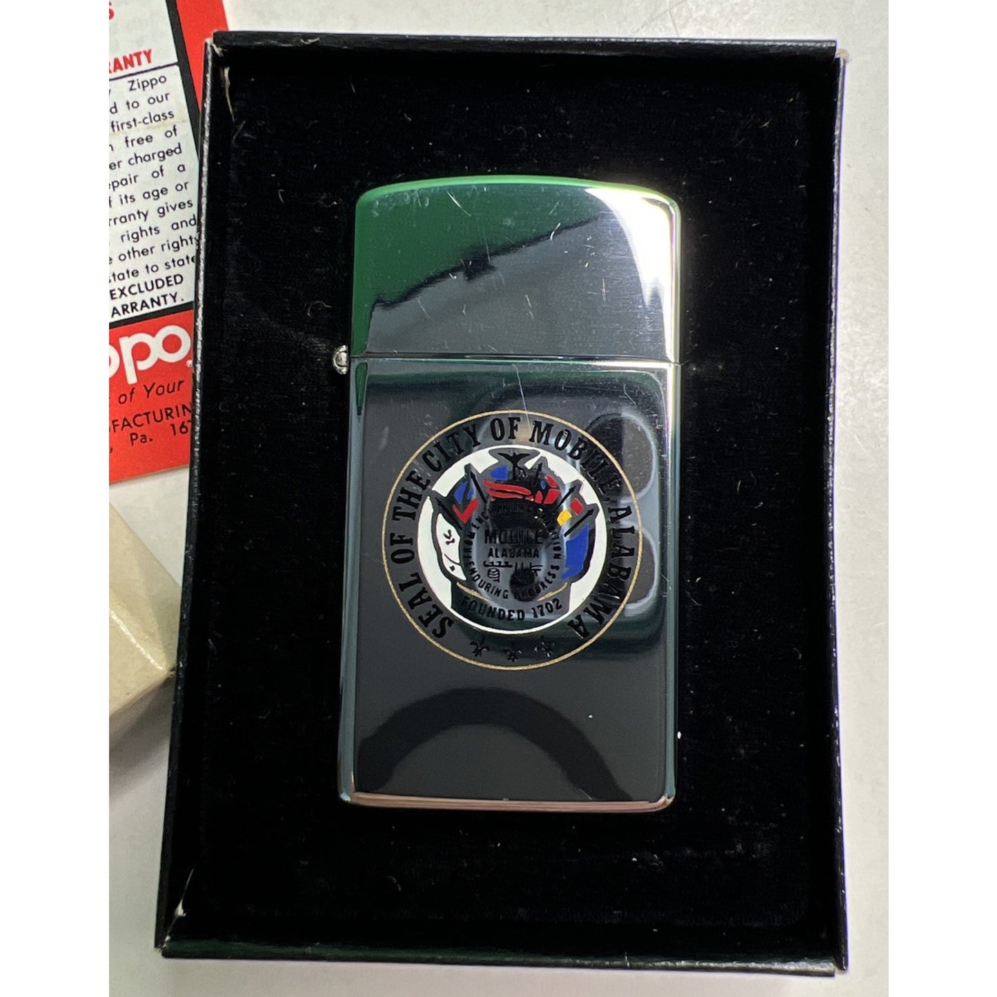 Vintage Zippo Slim Lighter Seal of the City Mobile Alabama In Original Box