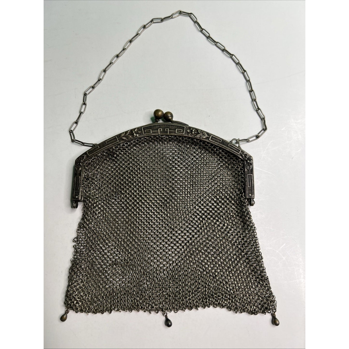Rare Antique German Silver Chain Mesh Purse Handbag Kiss Closure Marked