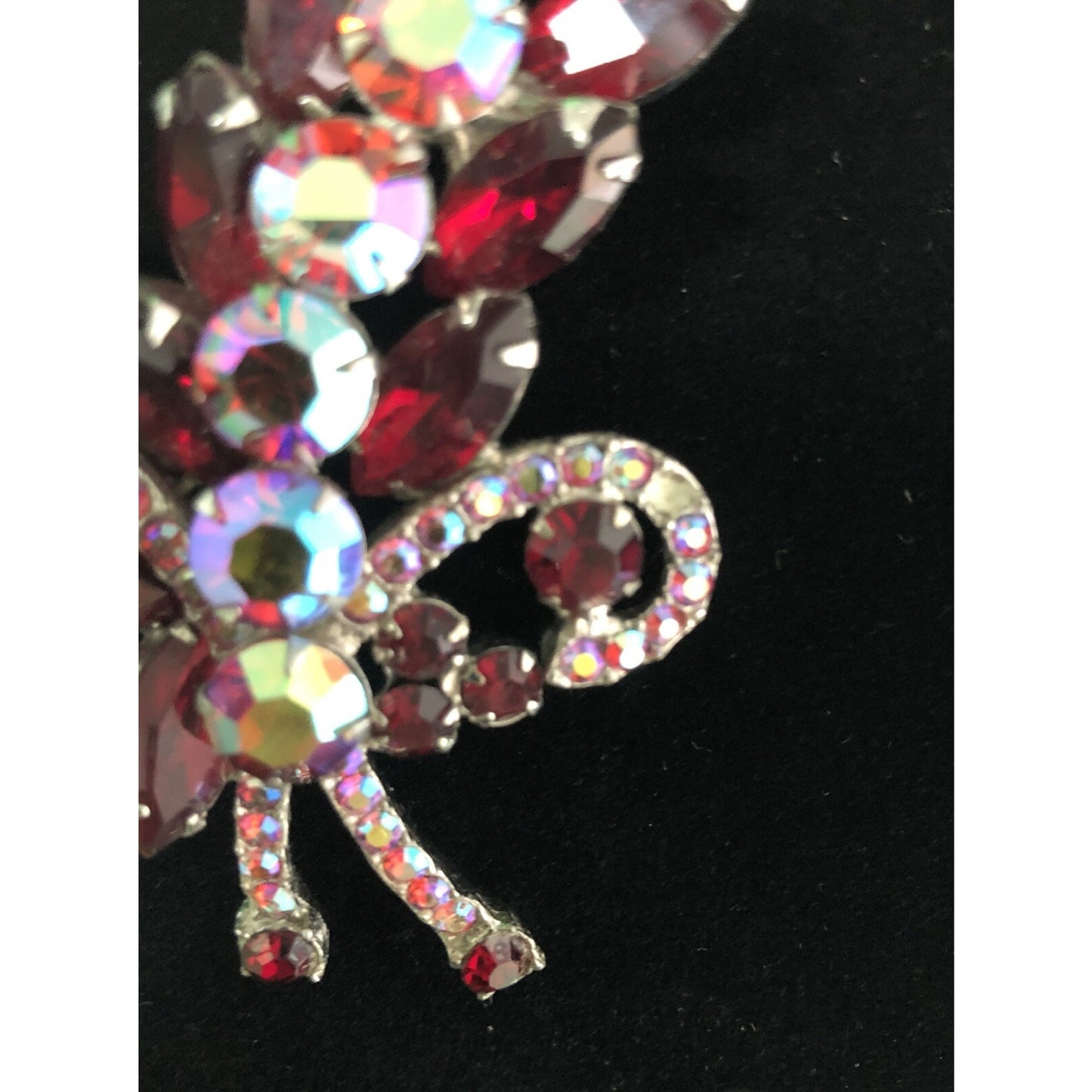 Vintage Rhinestone Brooch & Clip On Earring Set Red