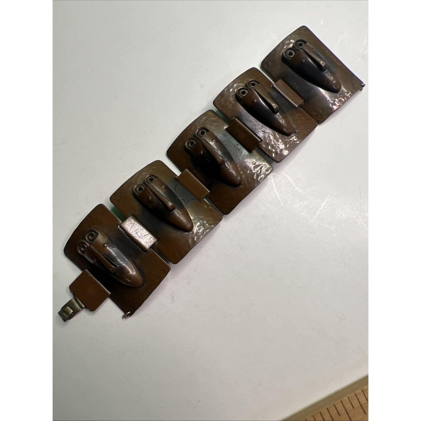 Rebajes Signed Vintage Tribal Masks Copper Bracelet 1950s Brazilian