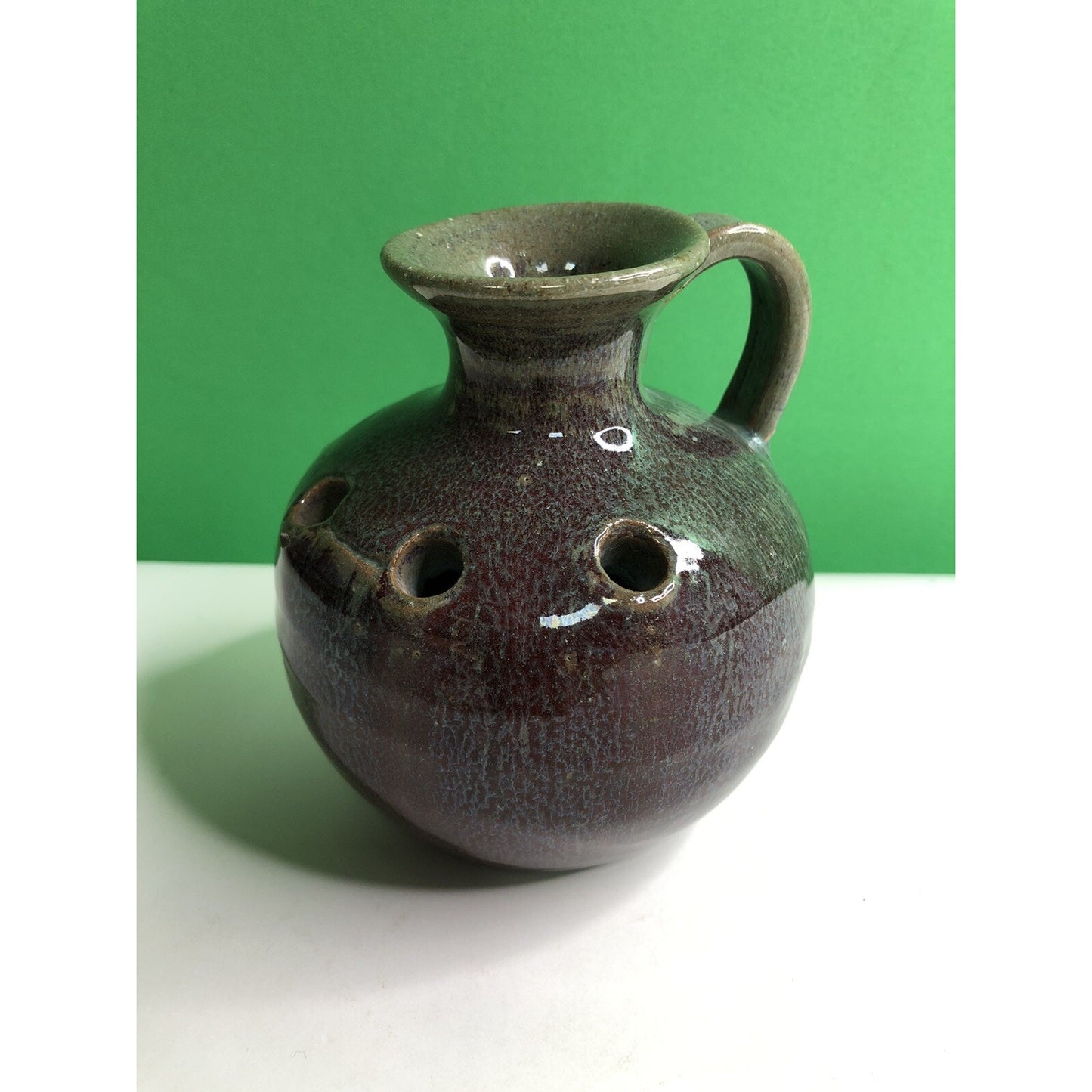 Vintage HAND MADE Studio Art Pottery FLOWER FROG JUG Vase Glazed Holes 4.5” High