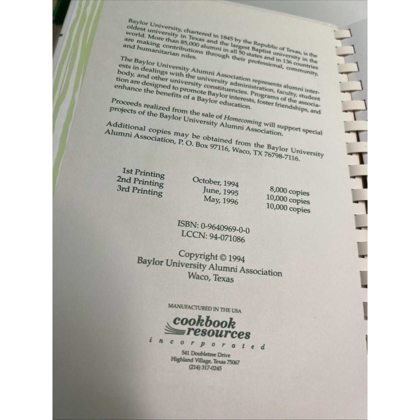 Baylor University Alumni Association Homecoming Cookbook Waco TX 1996