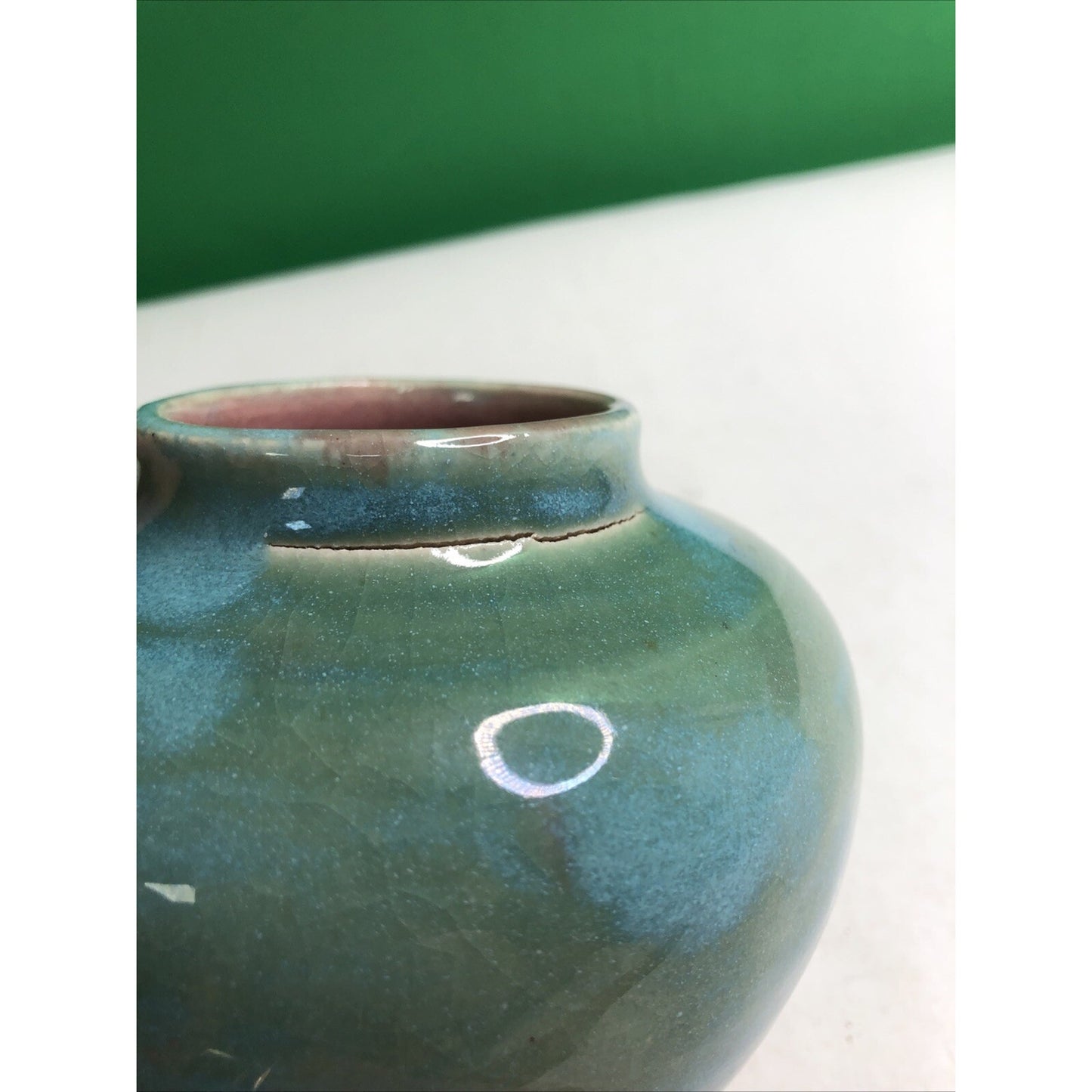 Vintage 1951 Stephen NC Pottery Cabinet Vase Blue Green Glaze Pink Interior