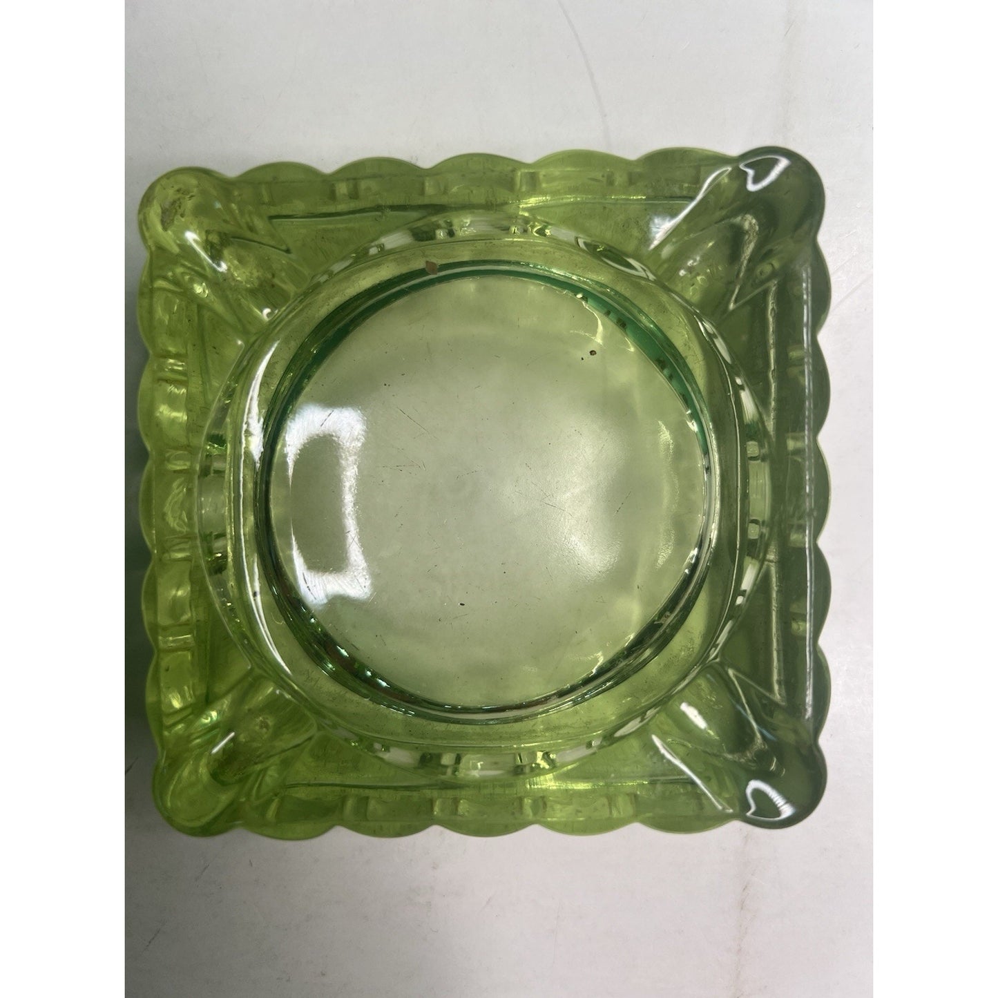 Vintage 4x4 Uranium Glass Ashtray Heavy Depression Green Glows Bright Tobacciano