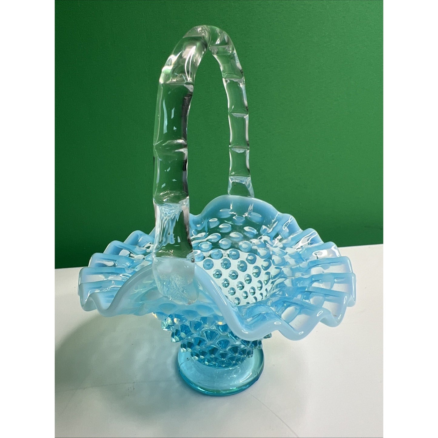 Vintage Fenton Blue Opalescent Hobnail Basket Ruffled Glass with Handle 6” Tall