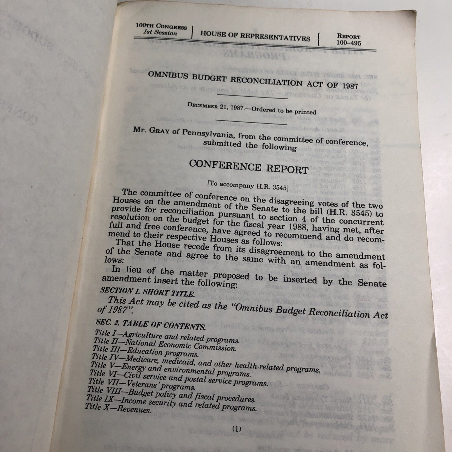 Omnibus Budget Reconciliation Act Of 1987 Conference Report Accompany H. R. 3545