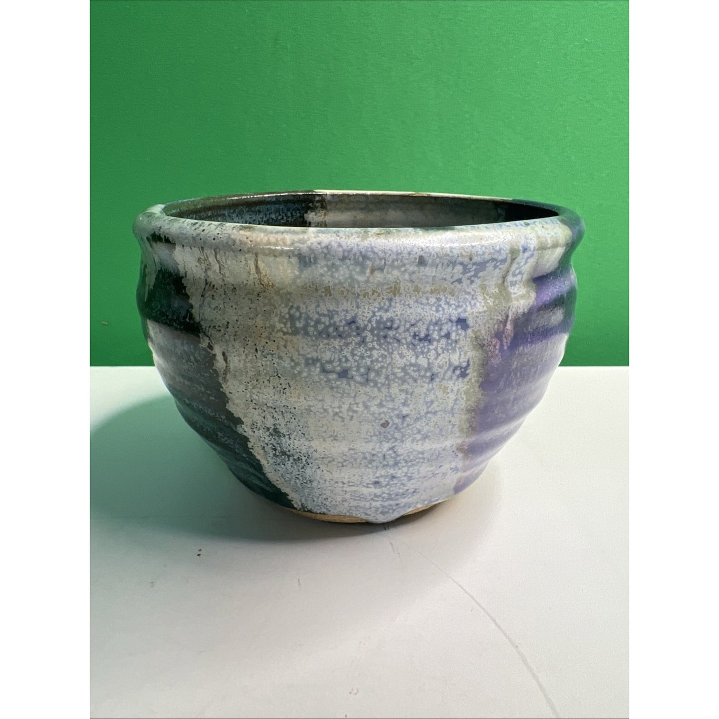 Studio Art Pottery Ceramic Blue And Purple Hues Drip Glazed Vintage Pot Bowl