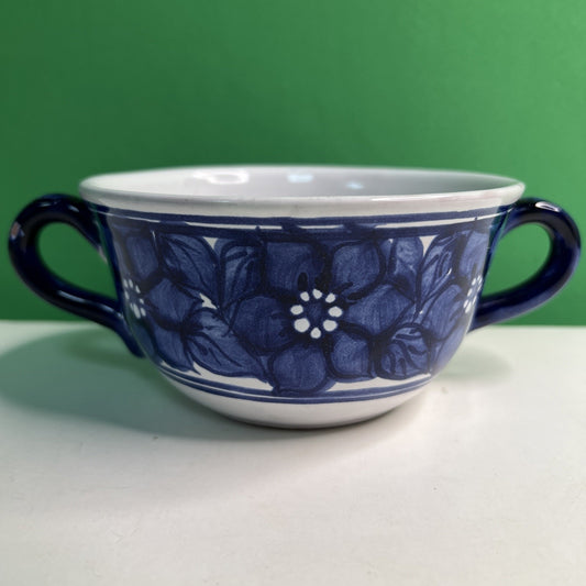 Vintage Stoneware Double Handle Blue & White Floral Hand Painted SOUP BOWL