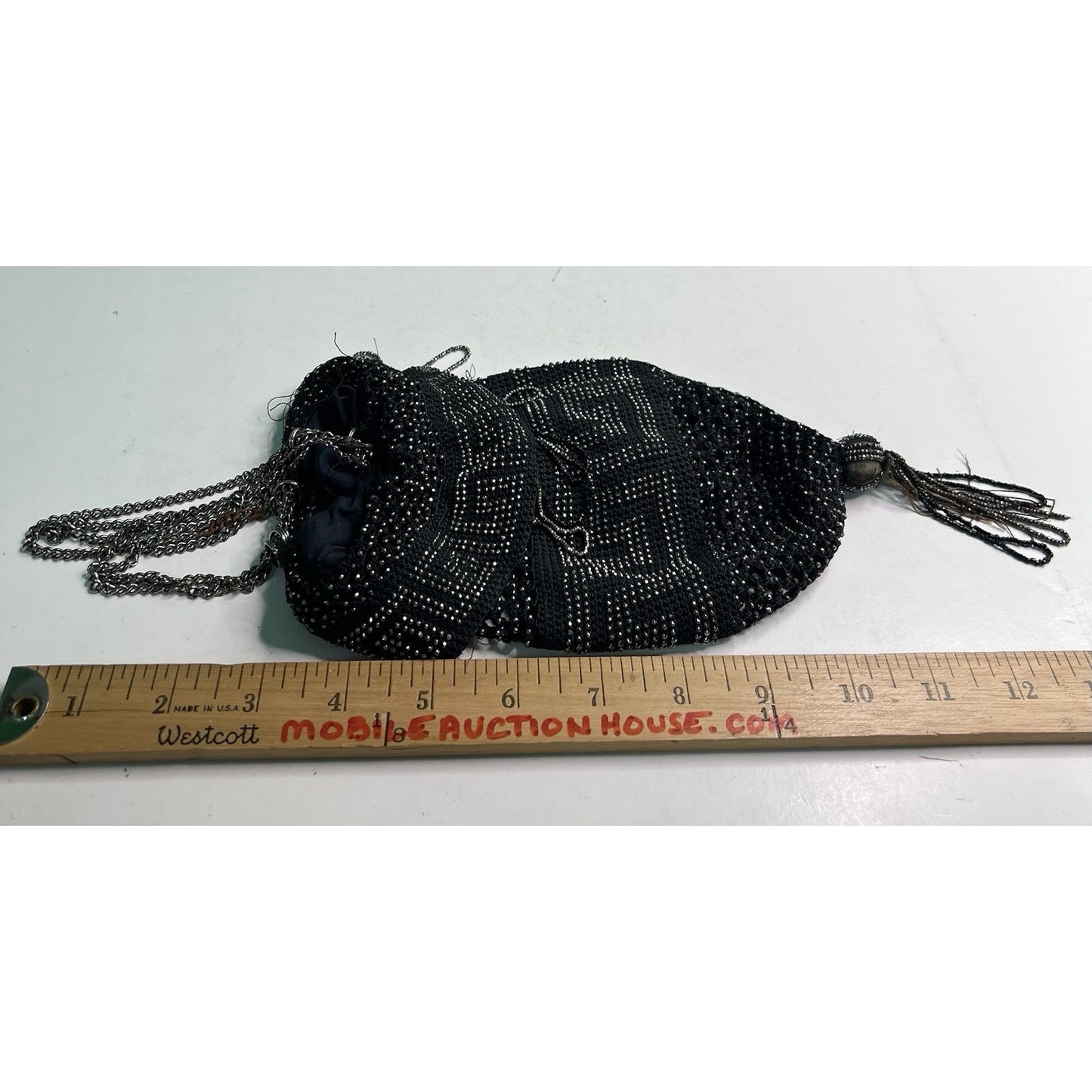 Antique Black & Silver Steel Bead Fringe Flapper Purse Greek Key NEEDS REPAIR
