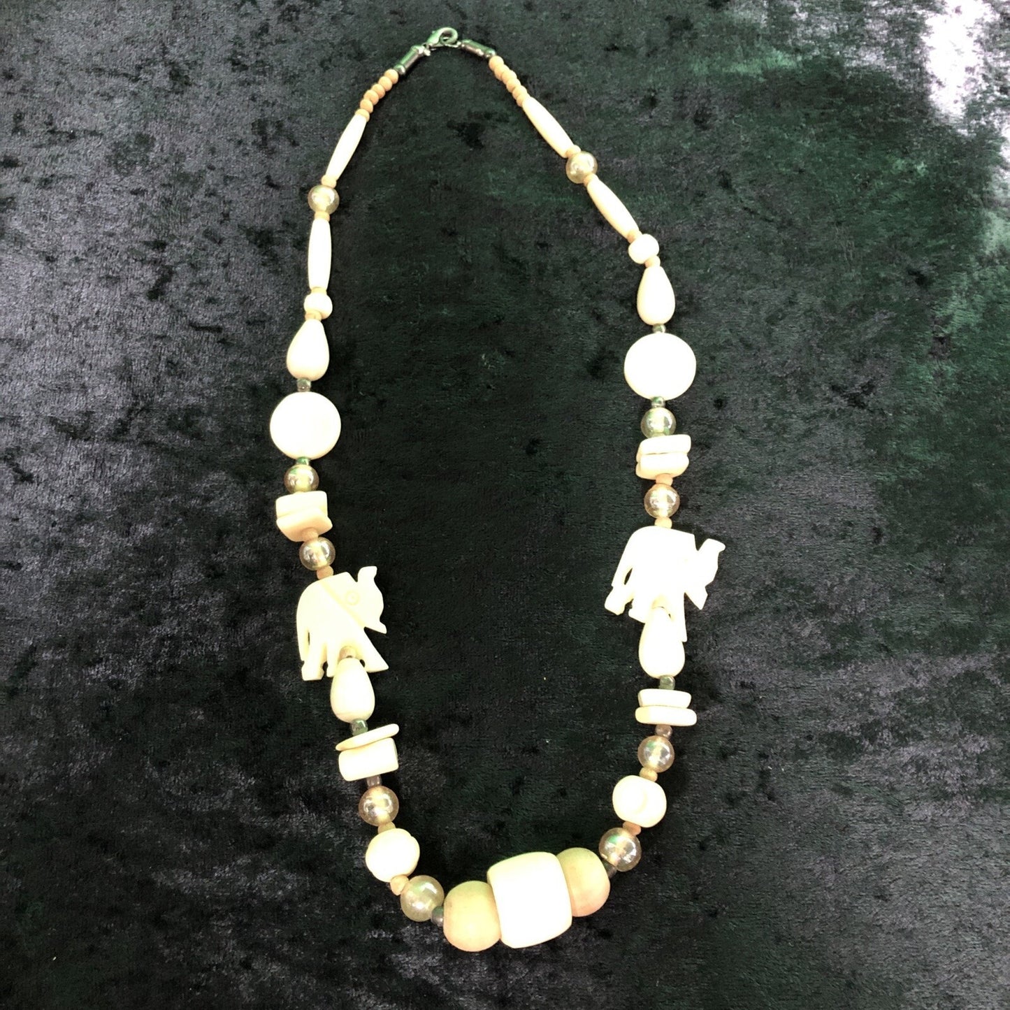 Vintage Lucky Elephant Carved Bead Necklace 22”