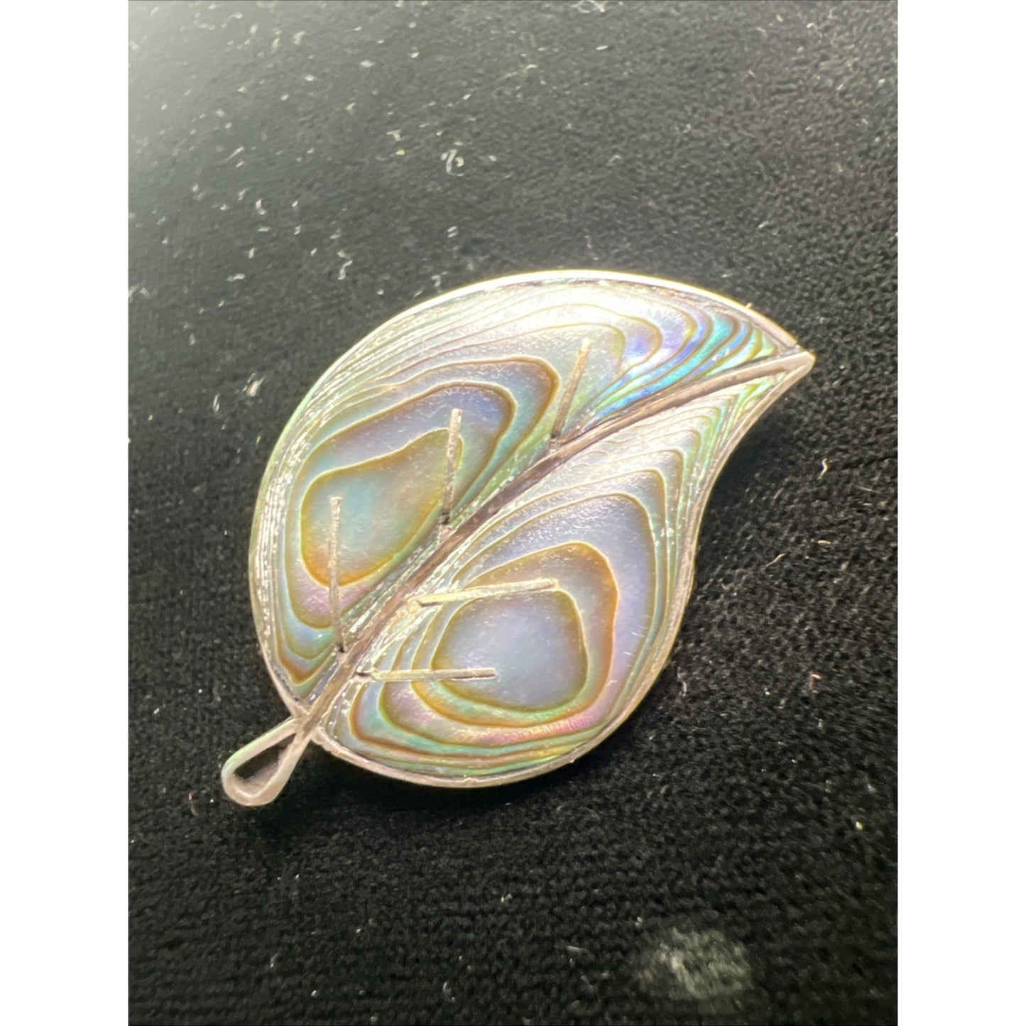 Antique Abalone Leaf Brooch Pin Brilliant Colors Sterling Silver 1.25” Long