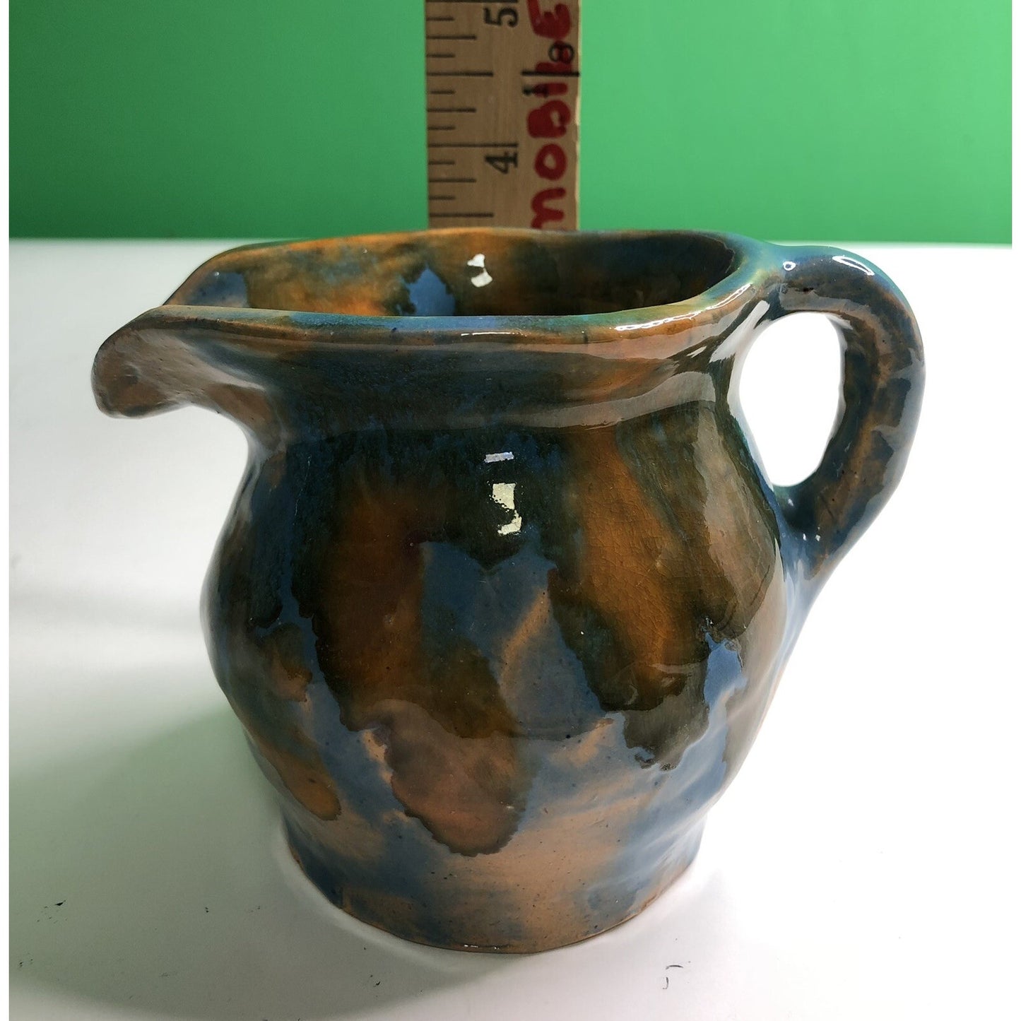 1940 Fairhope AL Art Pottery Pitcher Creamer By Georgia Drip Glaze Blue Orange