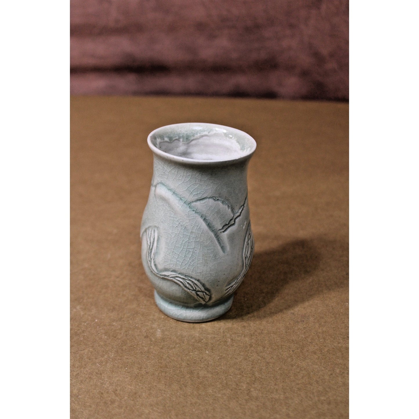 Vintage 5-inch Celadon Vase with Raised Relief Abstract Design, Unmarked