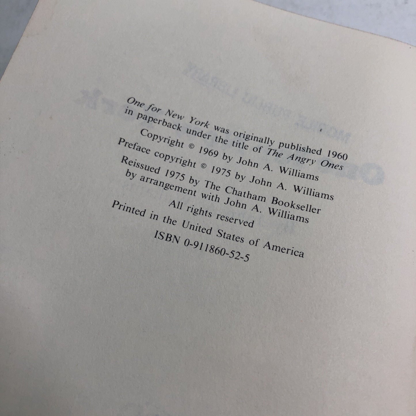 One for New York by John A. Williams 1975 HC REISSUE EX-LIBRARY