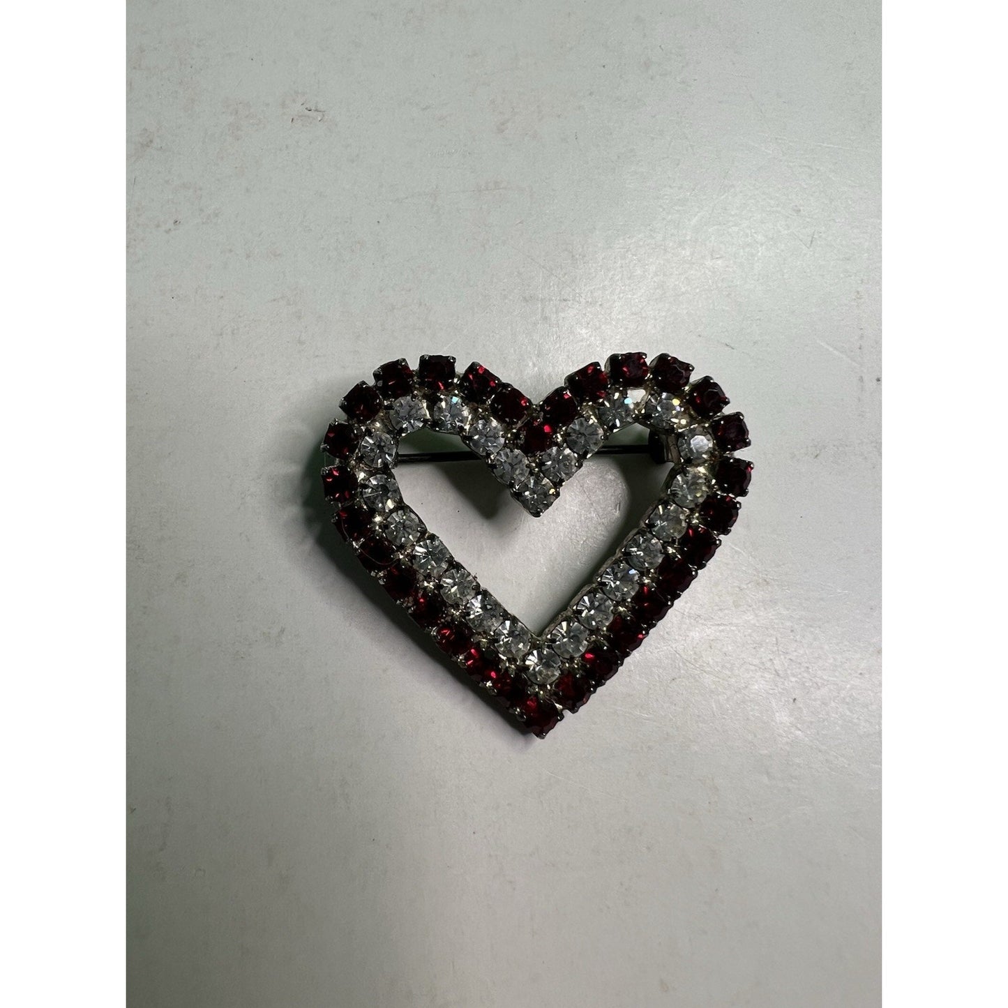 Vintage Heart Lapel Scarf Brooch Pin Rhinestones Costume Jewelry 1.5” Wide